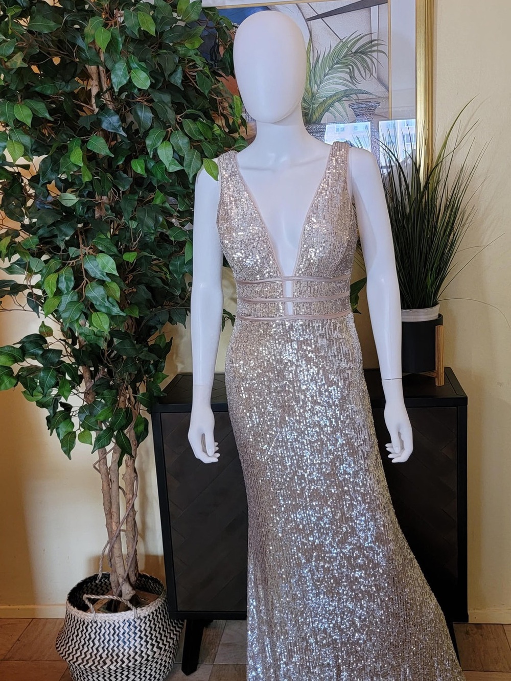 Xscape Silver Sequin Plunging V-Neck Evening Gown